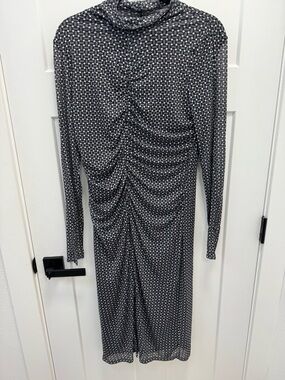 12 Thompson Black and White Geometric Long Sleeve Ruched Midi Dress NWT
